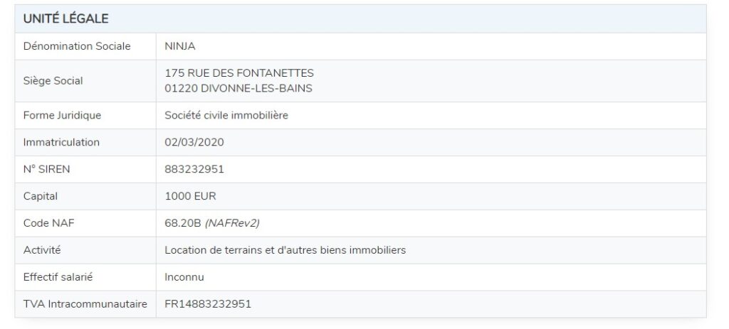 infos légales de base ninja société